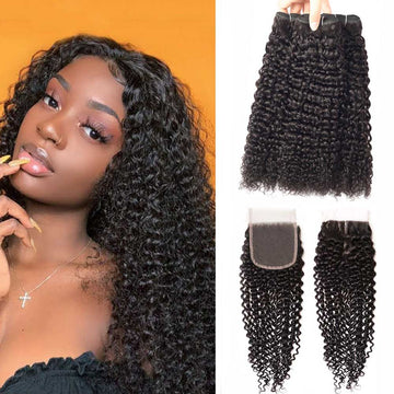 Beaudiva Curly 3 Bundles with Lace Closure 10A Human Hair Bundles Brazilian Hair Weaves